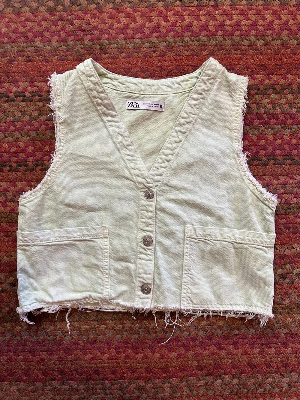 Zara Mint Green Frayed DENIM Crop Vest